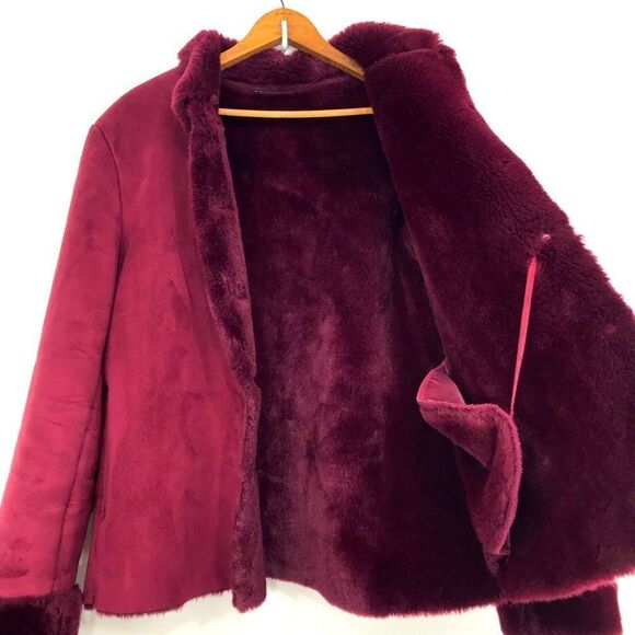 Maroon Faux Suede Burgundy Faux Fur Lined Button Up Holiday Jacket - Picture 6 of 16